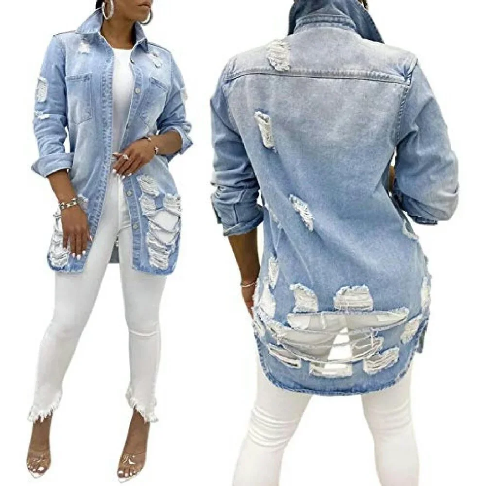 Distressed Denim Trucker Jacket with Fray Hem Tassels, Long Sleeve